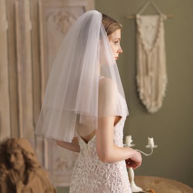 缔晶法式白色领证小头纱头饰双层简约短款新娘结婚登记拍照道具婚纱