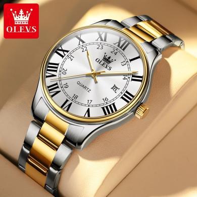 瑞士欧利时(OLEVS)品牌手表男罗马数字石英表男士休闲防水土豪金精钢表带时尚腕表
