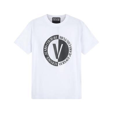 【支持购物卡】Versace/范思哲 男士V字徽章胶印棉质白色圆领短袖T恤 香港直邮