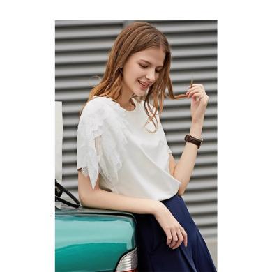 Amii2024夏季新款蕾丝拼接T恤女气质设计感短袖宽松棉弹力上衣女 12332018