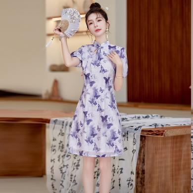 轩品媛 夏季复古盘扣改良版小个子印花旗袍新中式少女连衣裙子 LJKR2416