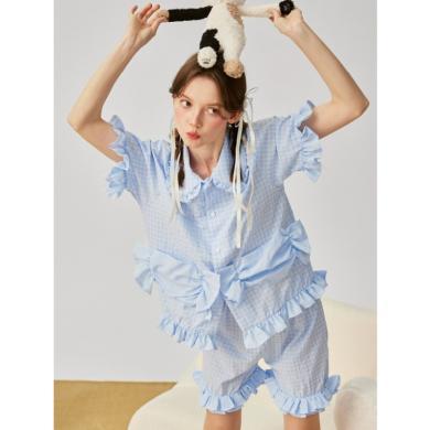 PRIMEET/派米睡衣女夏季薄2024新款蓝色格子短袖可外穿家居服套装   AC74002D