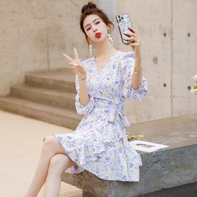 轩品媛 夏季新款时尚V领小碎花简约气质一片式印花小个子连衣裙 TSZJHUA801