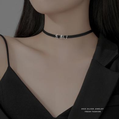 缔晶S925银锁骨链项链女脖颈链颈带黑色皮绳项圈小众潮流时尚饰品礼物