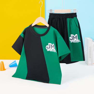 杰米熊夏季新款男童透气拼色套装中大童运动休闲T恤短裤两件套