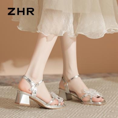 ZHR凉鞋女款夏季外穿新款仙女风绝美银色法式蝴蝶结高跟鞋子BL260M