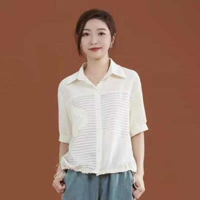 韩潮袭人 女装2024年夏季POLO领条纹拼接短袖衬衣女士衬衫设计感小众B0014