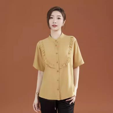 韩潮袭人 女装2024年夏季立领拼接纯色短袖衬衣女士衬衫上衣设计感小众B0012