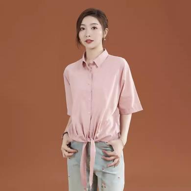 韩潮袭人 女装2024夏季Polo领五分袖粉色绑带衬衣女士衬衫设计感小众B0013