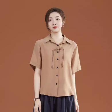 韩潮袭人 女装2024年夏季Polo领休闲纯色短袖衬衣女士衬衫设计感小众B0009