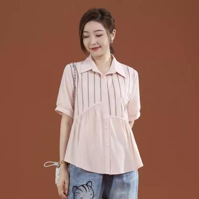 韩潮袭人 女装2024年夏季Polo领条纹拼接短袖衬衣女士衬衫设计感小众B0129