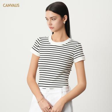 CANVAUS黑白条纹t恤女短袖2024夏季新款修身打底衫圆领韩版撞色拼接上衣K1202A