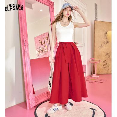 妖精的口袋红色高腰半身裙女2024年夏新款蝴蝶结设计显瘦休闲长裙14217013