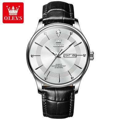 瑞士欧利时(OLEVS)品牌手表男士新款简约双历石英表男休闲防水真皮表带时尚腕表