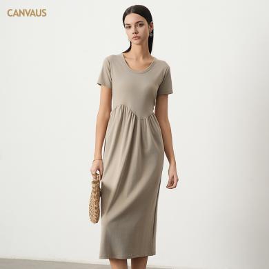 CANVAUS2024夏季新款连衣裙针织短袖女装圆领不规则拼接中长裙K1171A
