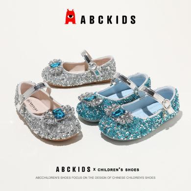 abckids女童鞋公主鞋2024秋季新款水晶鞋软底皮鞋爱莎鞋闪亮单鞋