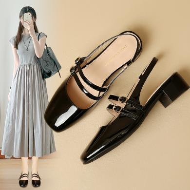 ZHR银色包头凉鞋女新款夏季外穿法式粗跟配裙子低跟玛丽珍鞋单鞋EH82M