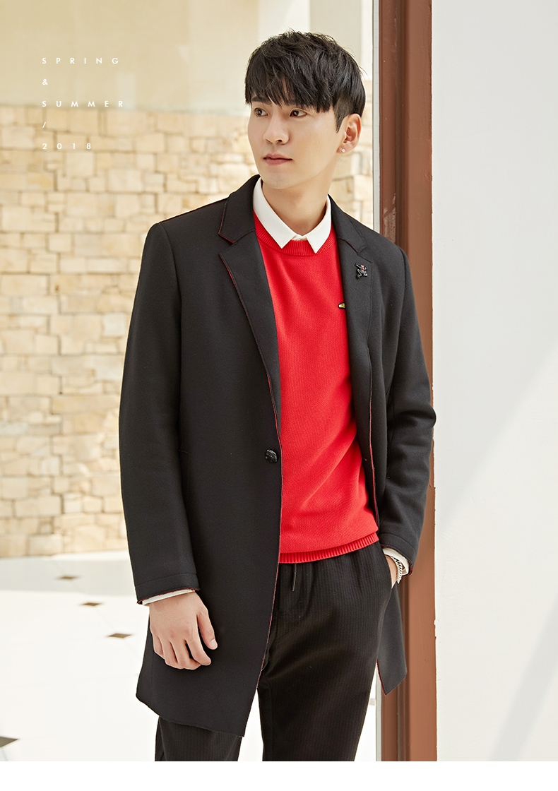 伏龙男装冬季羊毛大衣男 呢大衣 黑色中长款呢子外套韩版修身潮fjr230