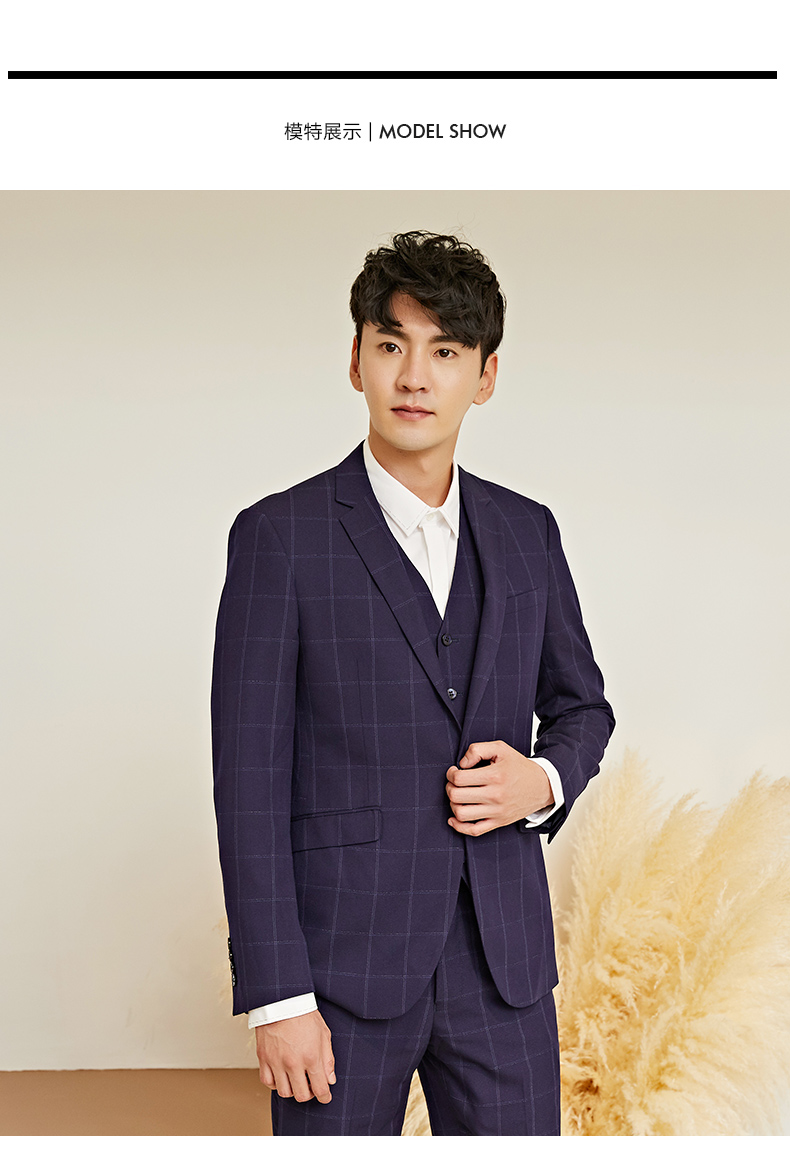 伏龙男士西服套装男 格纹新郎结婚礼 韩版修身马甲西服西裤3件套fjr