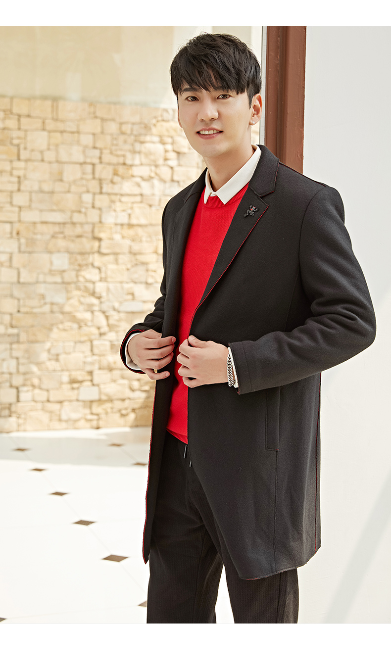 伏龙男装冬季羊毛大衣男 呢大衣 黑色中长款呢子外套韩版修身潮fjr230