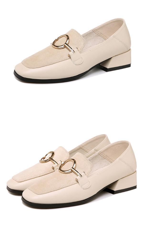 古奇天伦2020新款方头粗跟方跟单皮鞋套脚金属装饰女鞋子9790