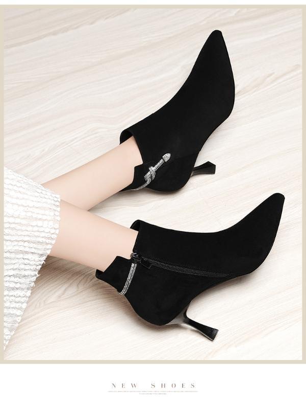 金丝兔短靴女春秋单靴高跟尖头细跟踝靴新款早秋冬季气质百搭瘦瘦靴