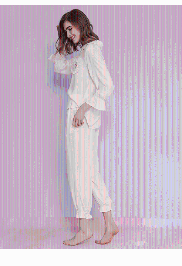 bodying原创优雅缎面人棉睡衣女舒适绣花长袖长裤家居服套装15258