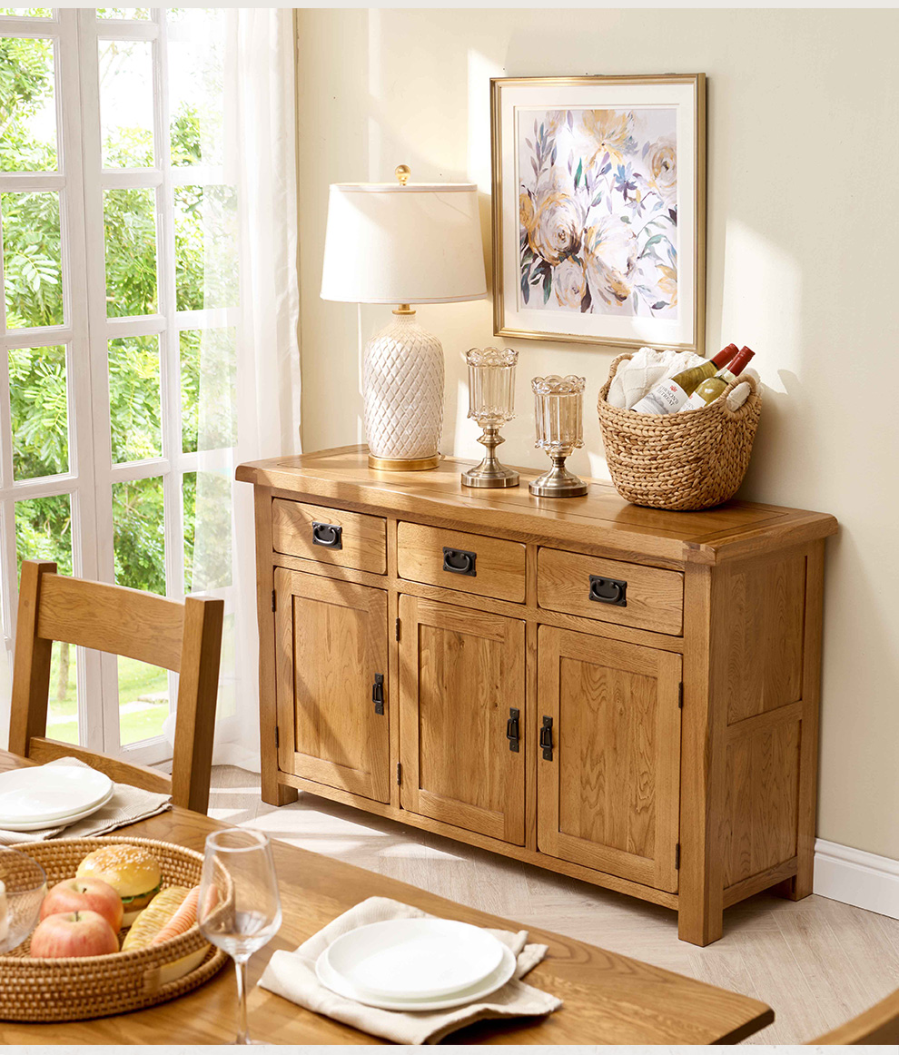 优家工匠 实木餐边柜 橡木碗碟柜 英式乡村厨房家具 三门三抽餐边柜下