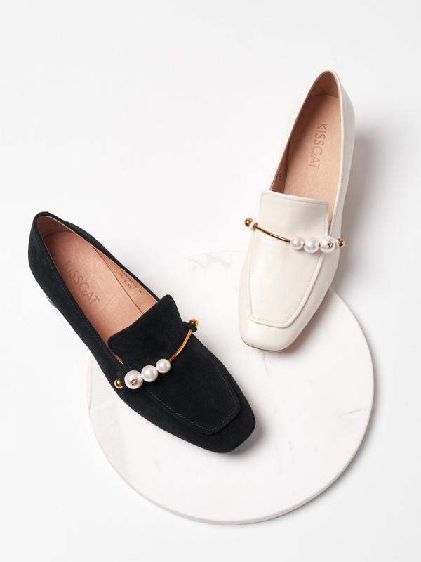 kisscat接吻猫冬季中跟粗跟链条圆头仙女风半深口乐福鞋ka10702-10