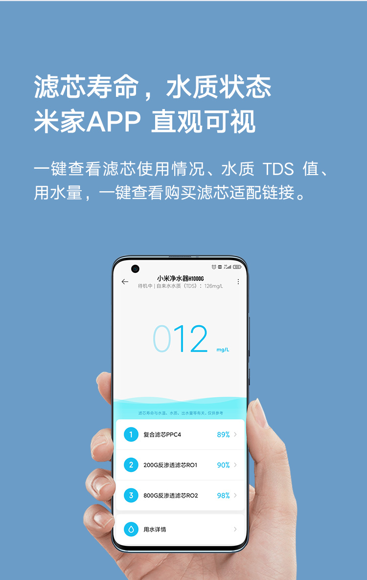 米家 小米净水器家用净水机h1000g 无罐直饮水 双ro反渗透 屏显智能水