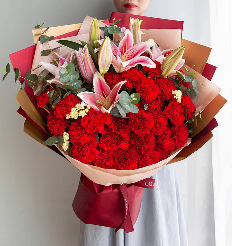 健康喜乐/红色康乃馨29枝,粉色百合3枝,黄色勿忘我3枝-1-其他