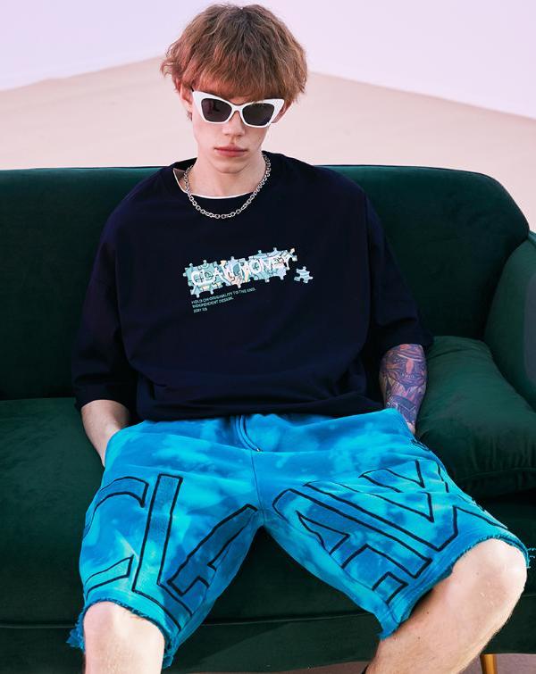 claw money拼图印花短袖t恤男夏季潮牌嘻哈宽松情侣五分袖体恤ins