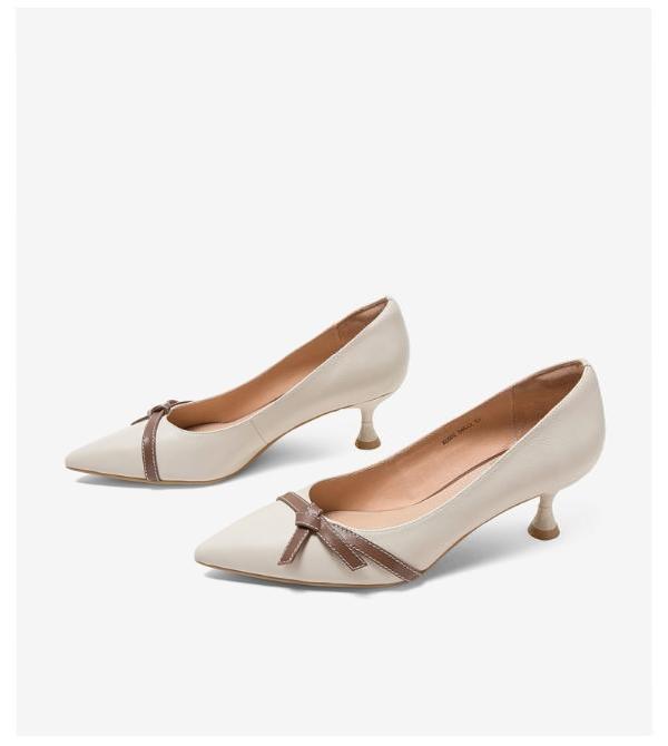 tata/他她 专柜同款黑色拼接蝴蝶结尖头细跟浅口女鞋xcg01cq9