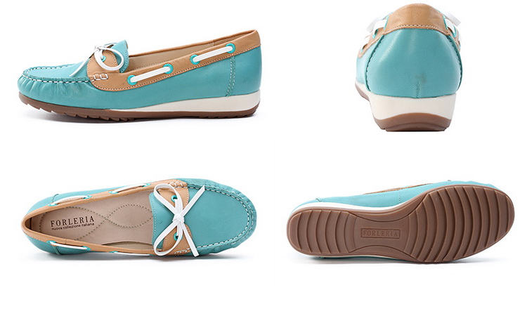 奥卡索forleria 新款软皮糖果色蝴蝶结拼色休闲平跟女单鞋113373-蓝绿