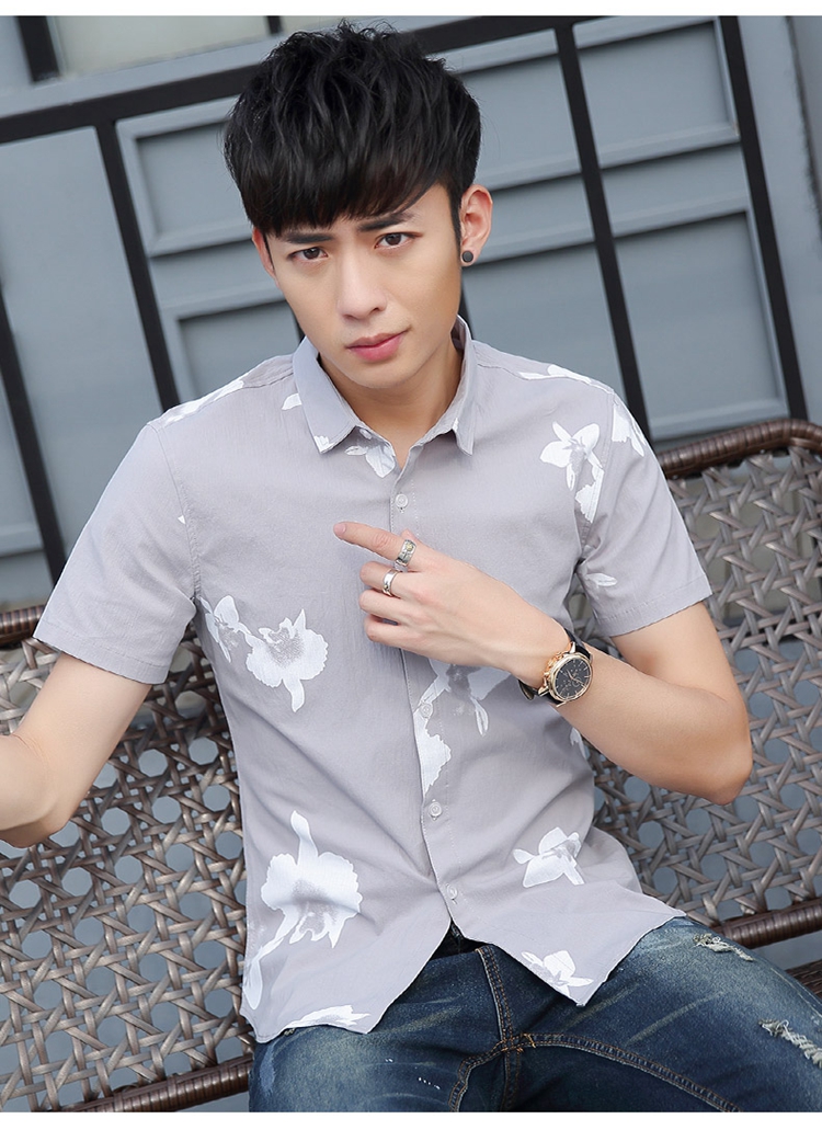 芃拉夏季新款薄款潮男短袖衬衫韩版修身青年弹力上衣印花休闲衬衣zycn