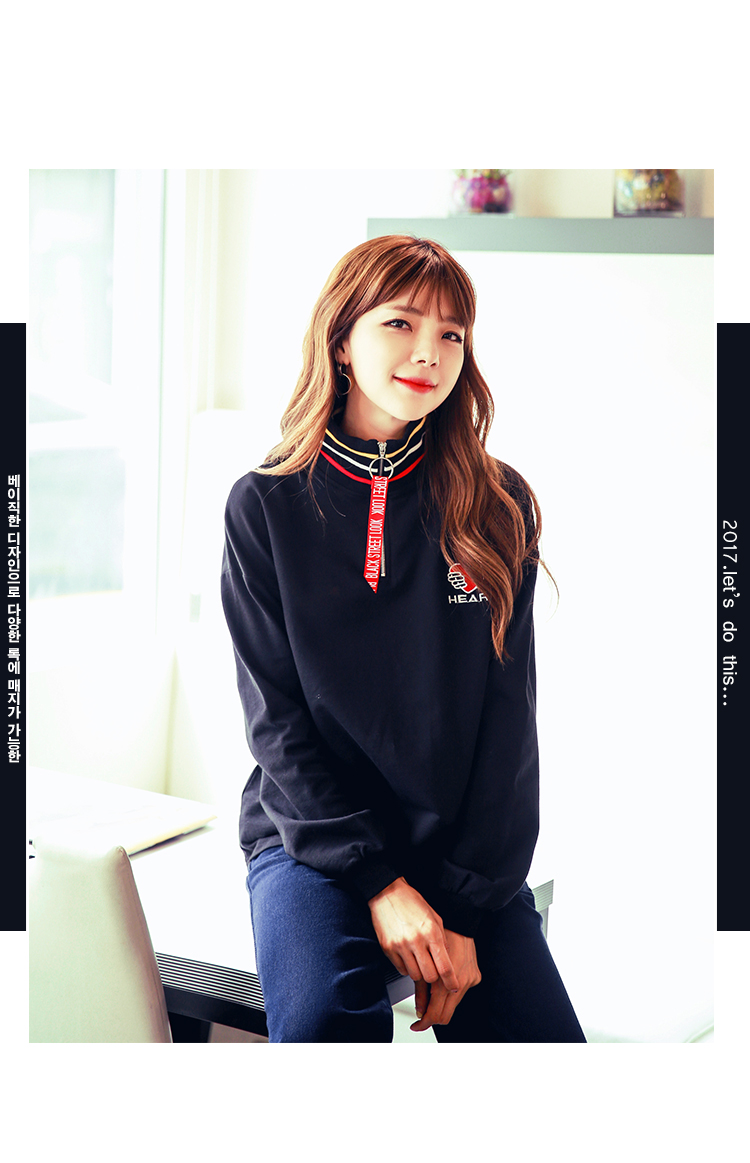 韩都衣舍2017韩版女装秋装新款刺绣拼色立领宽松显瘦t恤tk7931婏-m