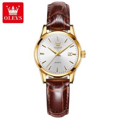 欧利时(OLEVS)瑞士品牌手表女士真皮表带石英表情侣款防水简约时尚腕表