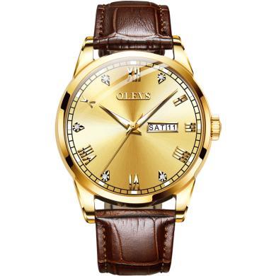 欧利时(OLEVS)手表 瑞士品牌石英表男士防水钻面手表夜光双历真皮表带时尚腕表