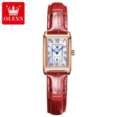 欧利时(OLEVS)瑞士品牌手表女士长方形石英表小众抖音直播女表真皮时尚腕表