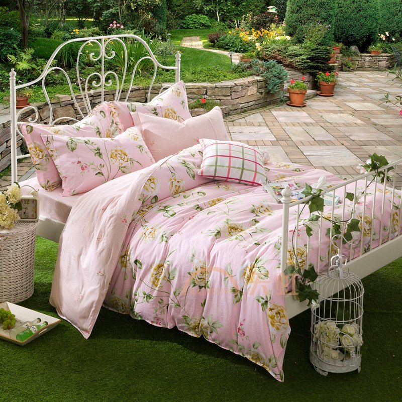 羽芯家纺田园风格全棉斜纹床上用品四件套yc860070-夏沐之晨-粉-200*