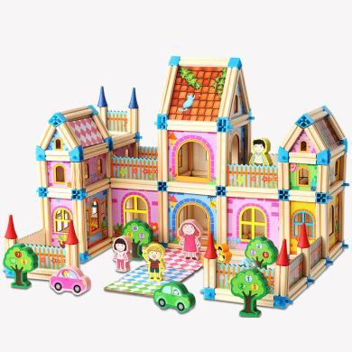 木丸子多彩儿童玩具建筑积木制立体拼图木质拼插模型拼装房屋