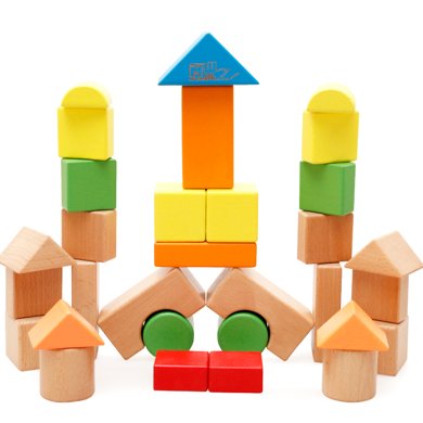 木丸子儿童木制积木32粒桶装大块多彩儿童益智玩具积木