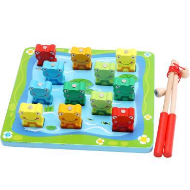 木丸子木制儿童玩具磁性钓鱼玩具3-6岁青蛙钓鱼益智积木玩具