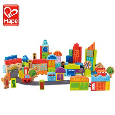 Hape幼儿园场景80粒积木1-2-3-6周岁宝宝儿童益智拼装桶装木制木头玩具