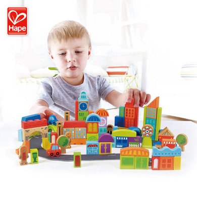 Hape80块城市情景积木玩具 1-2-3-6岁男女孩儿童益智木头木制