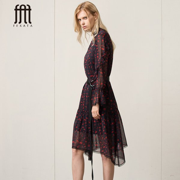 fexata2018新款春装雪纺连衣裙韩版女装淑女喇叭收腰显瘦碎花裙子