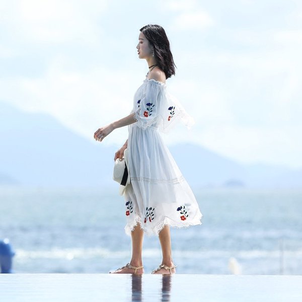 tobebery裙子中长款显瘦沙滩裙一字肩海边度假雪纺连衣裙女夏2018新款