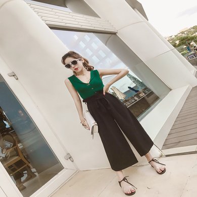 姝奕2017夏新款 时尚排扣无袖上衣 阔裤两件套238265mkcl-均码-绿色