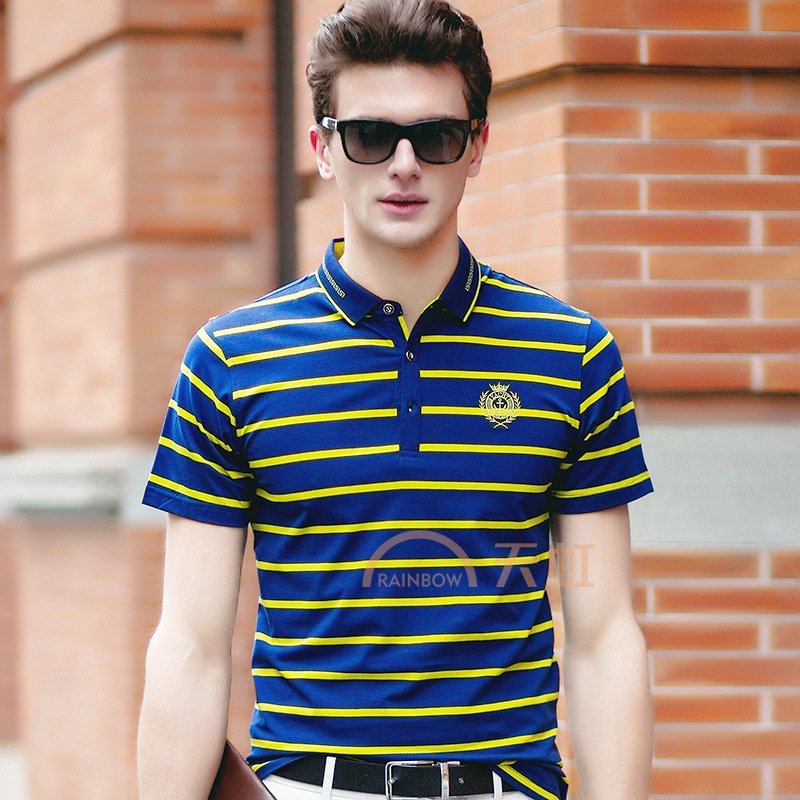 沐羊2017新款条纹t恤男短袖 中年商务休闲男装全棉夏季印花男士t恤t8