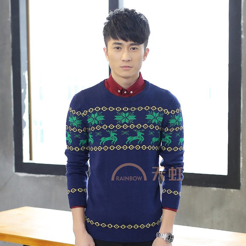 卓狼男花式针织衫韩版修身套头男式提花毛衣青年男装秋季新款线衣m